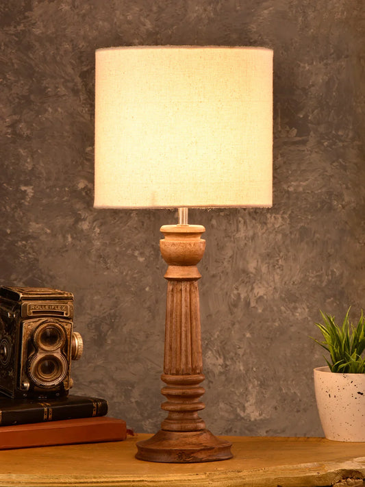 Green girgit Pillar Brown Lamp with White Cotton Shade