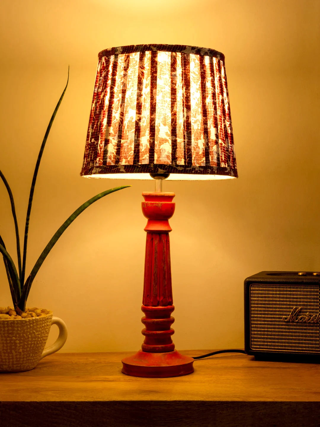 Wooden Pillar Pink lamp with pleeted Colorful Soft Shade