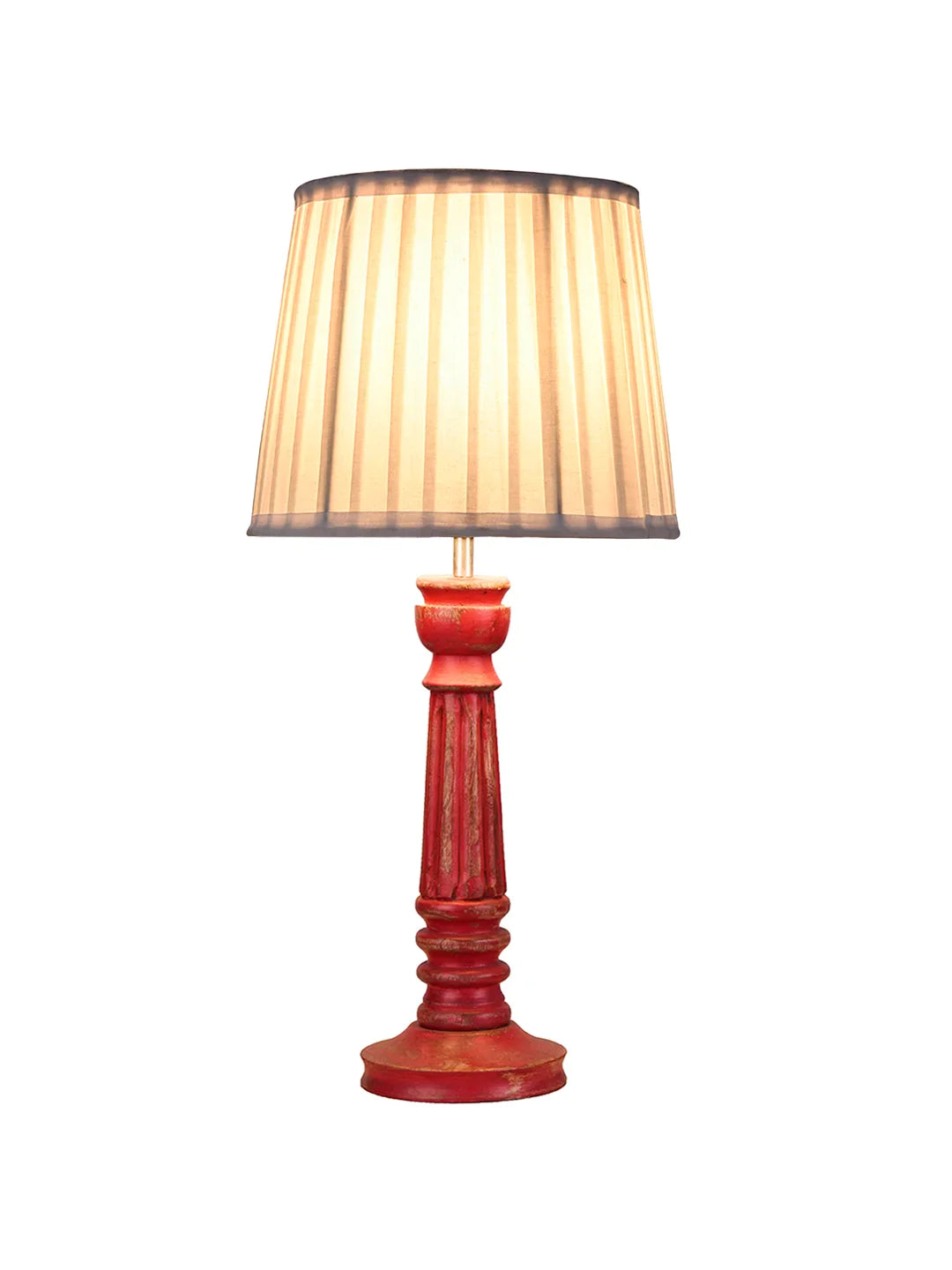 Wooden Pillar Pink lamp with pleeted White Soft Shade