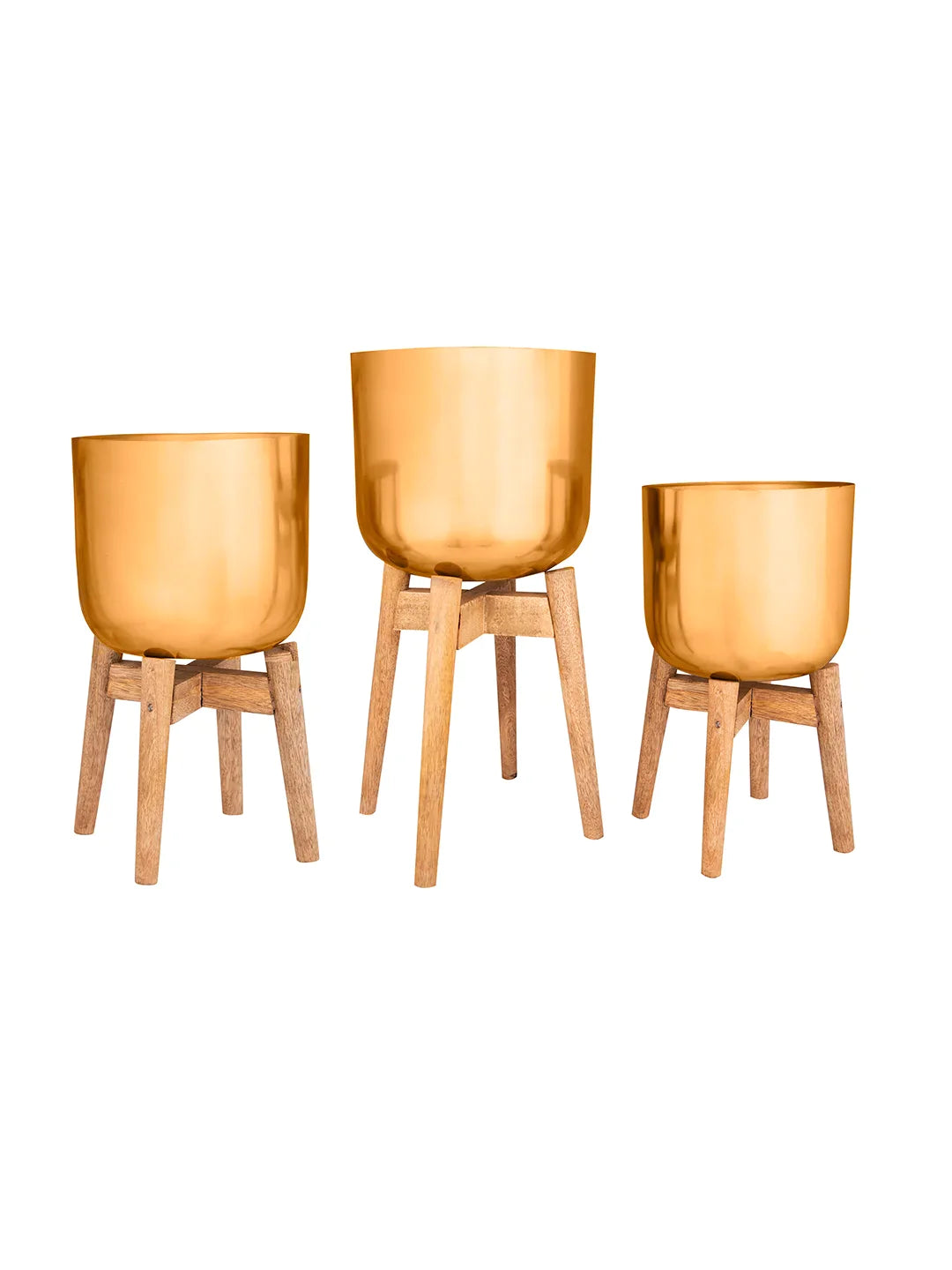 Set of Three Copper Pots with Wooden Stands