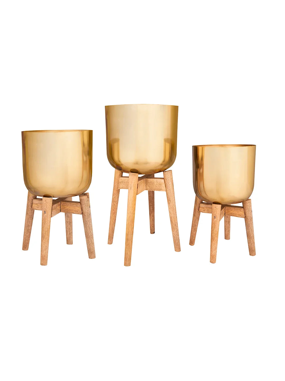 Set of Three Golden Pots with Wooden Stands