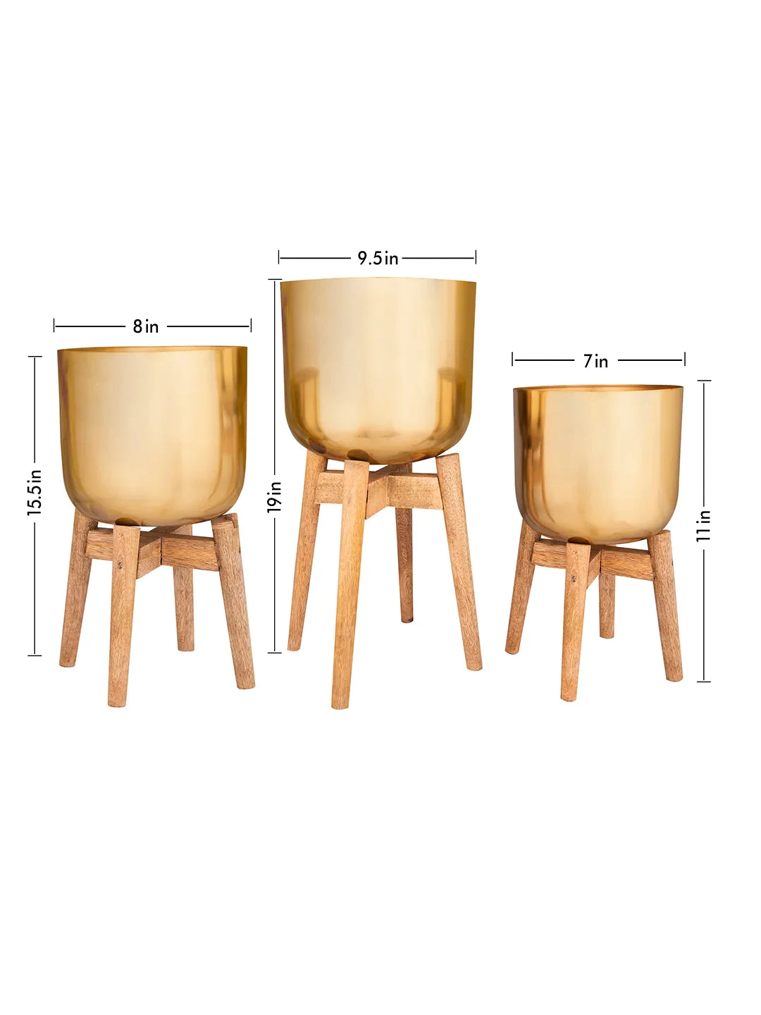 Set of Three Golden Pots with Wooden Stands
