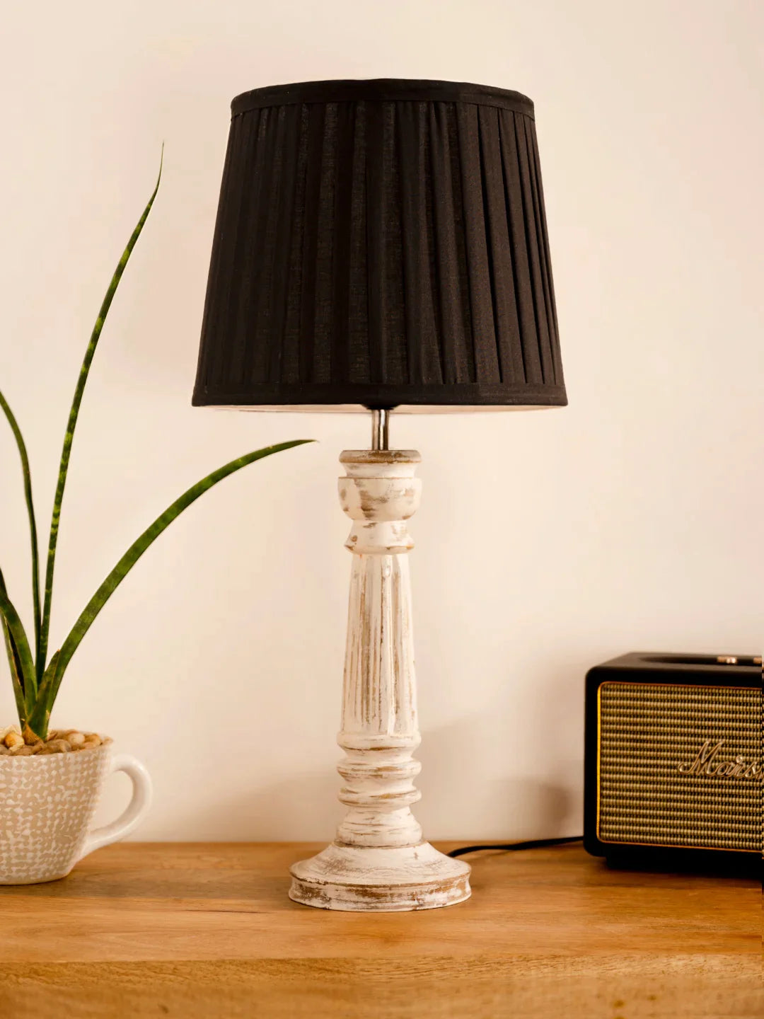 Wooden Pillar White lamp with pleeted Black Soft Shade