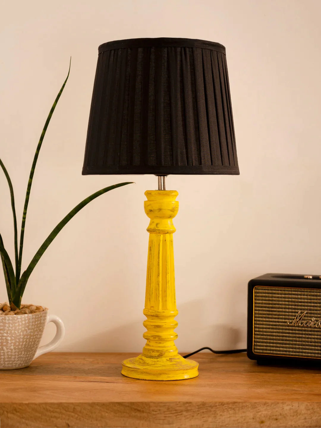 Wooden Pillar Yellow lamp with pleeted Black Soft Shade