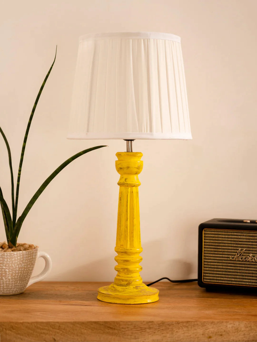 Wooden Pillar Yellow lamp with pleeted White Soft Shade