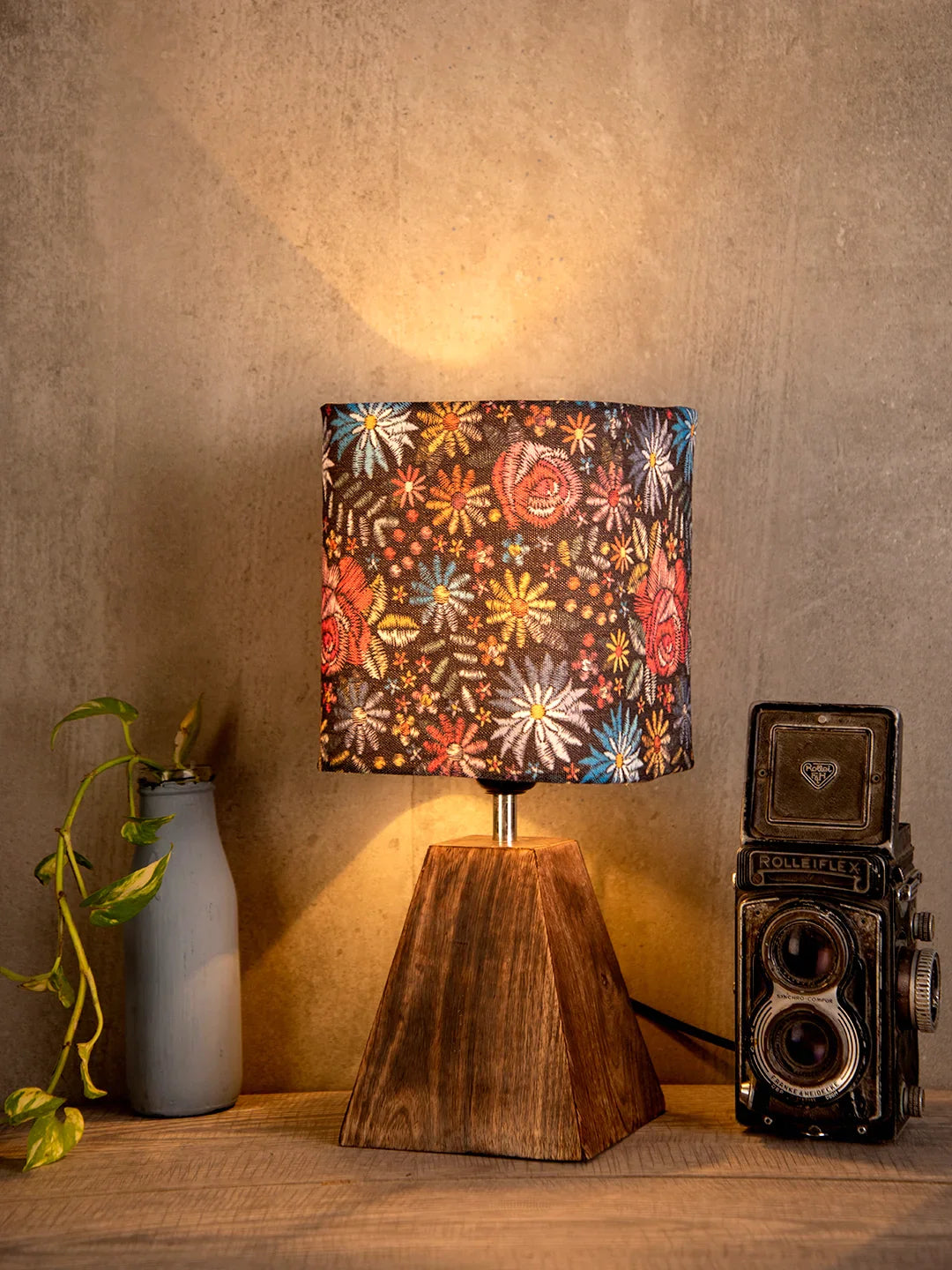 Wooden Pyramid Lamp with Black Floral Stich Lamp Shade