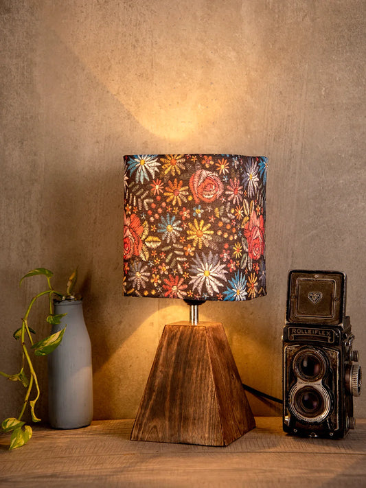 Wooden Pyramid Lamp with Black Floral Stich Lamp Shade