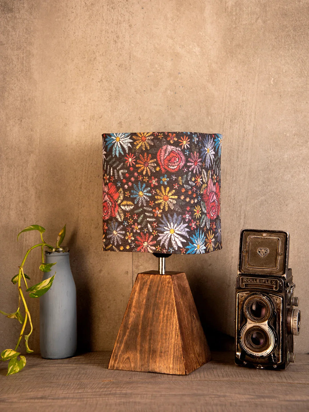 Wooden Pyramid Lamp with Black Floral Stich Lamp Shade