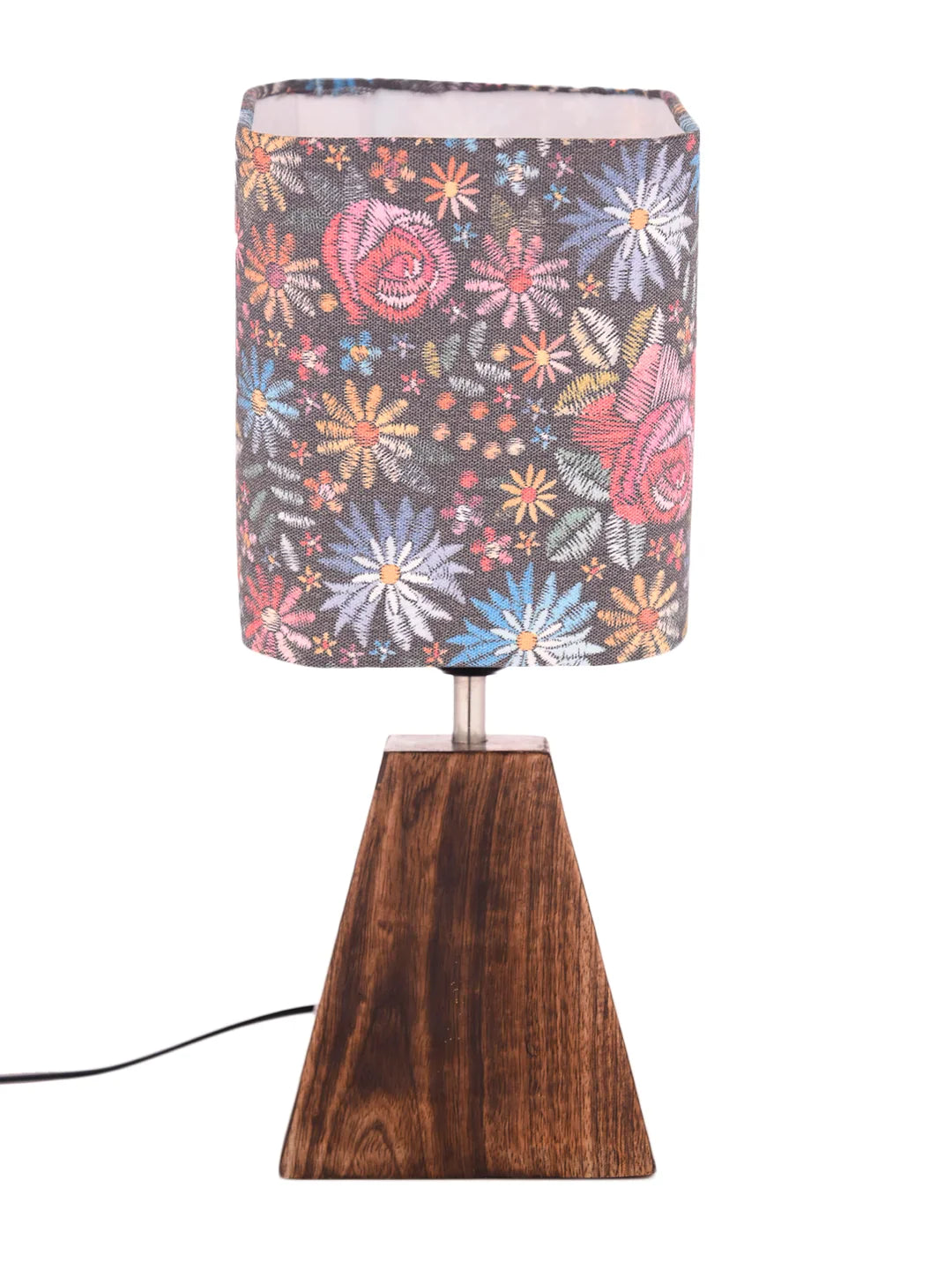 Wooden Pyramid Lamp with Black Floral Stich Lamp Shade