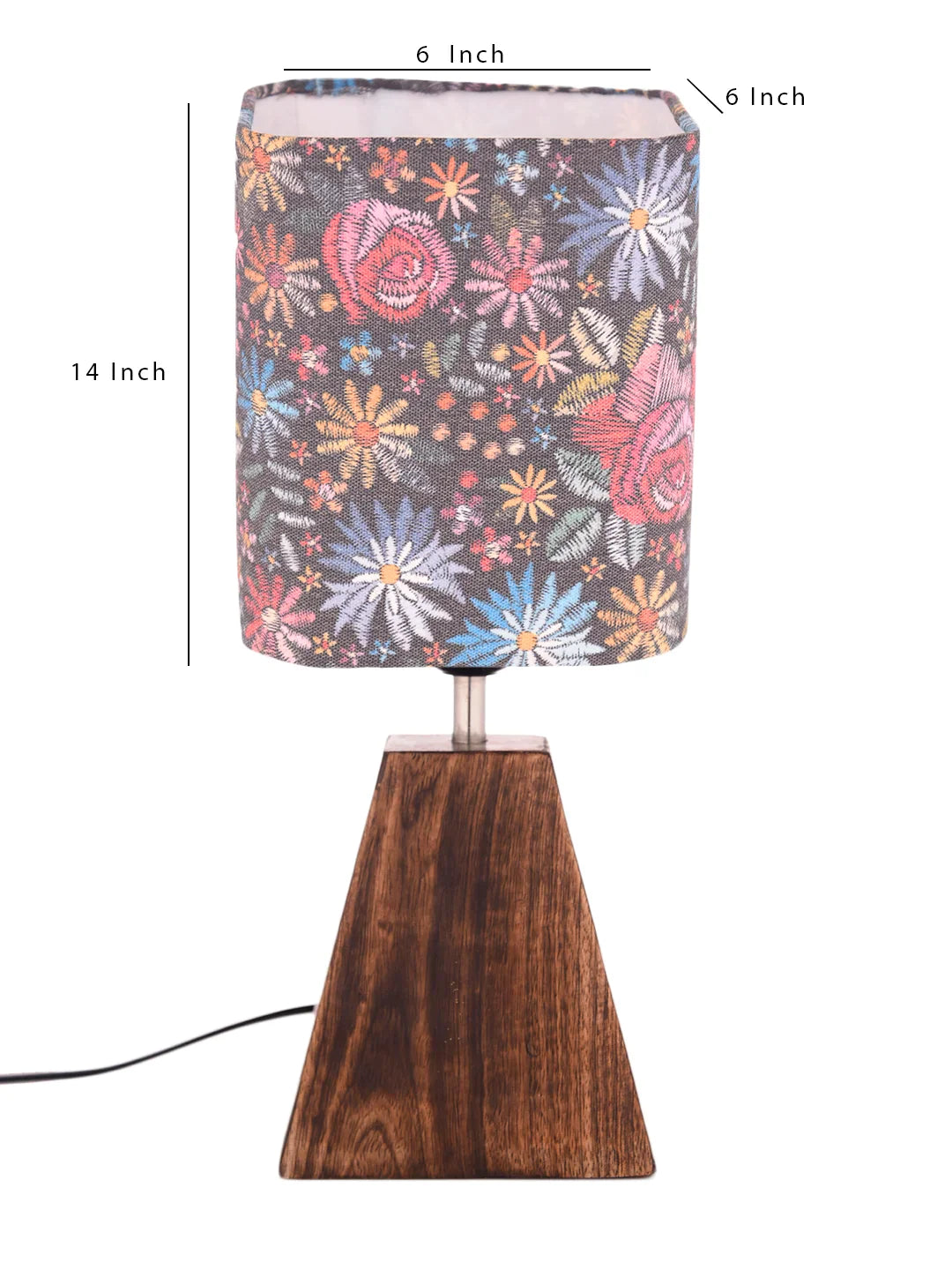 Wooden Pyramid Lamp with Black Floral Stich Lamp Shade