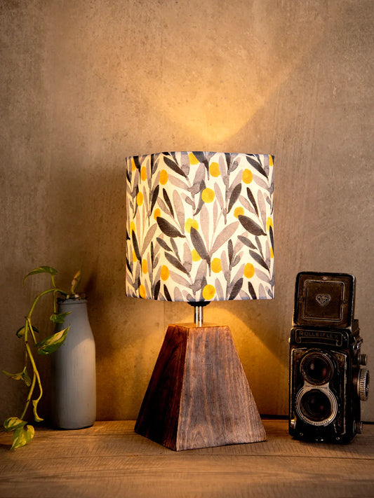 Wooden Pyramid Lamp with Leafy Print Lamp Shade