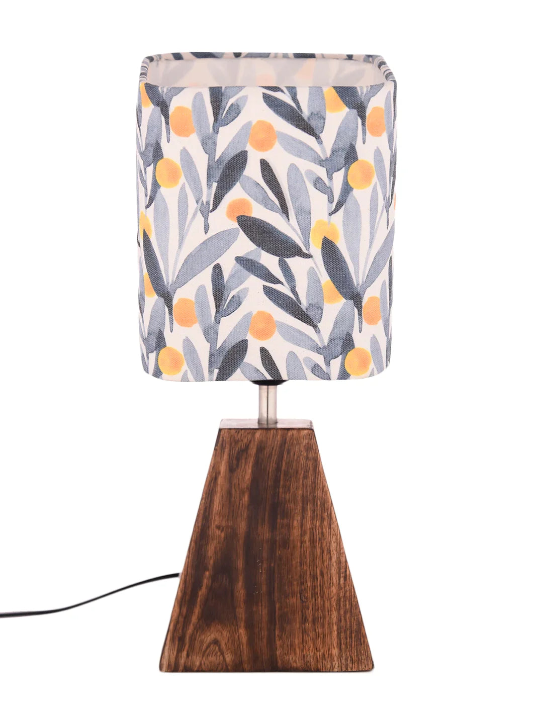 Wooden Pyramid Lamp with Leafy Print Lamp Shade