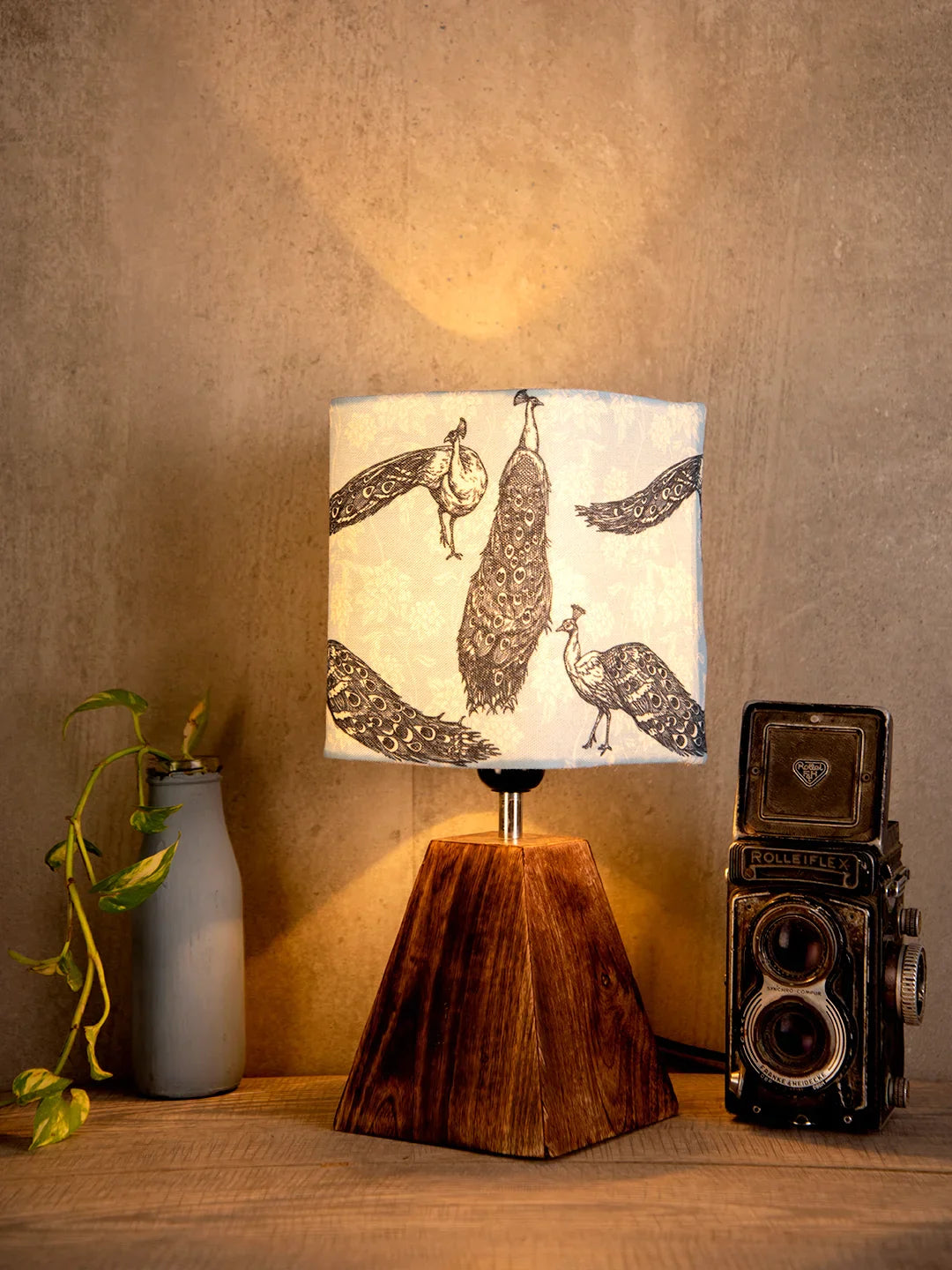 Wooden Pyramid Lamp with Wandering Peacock Lamp Shade