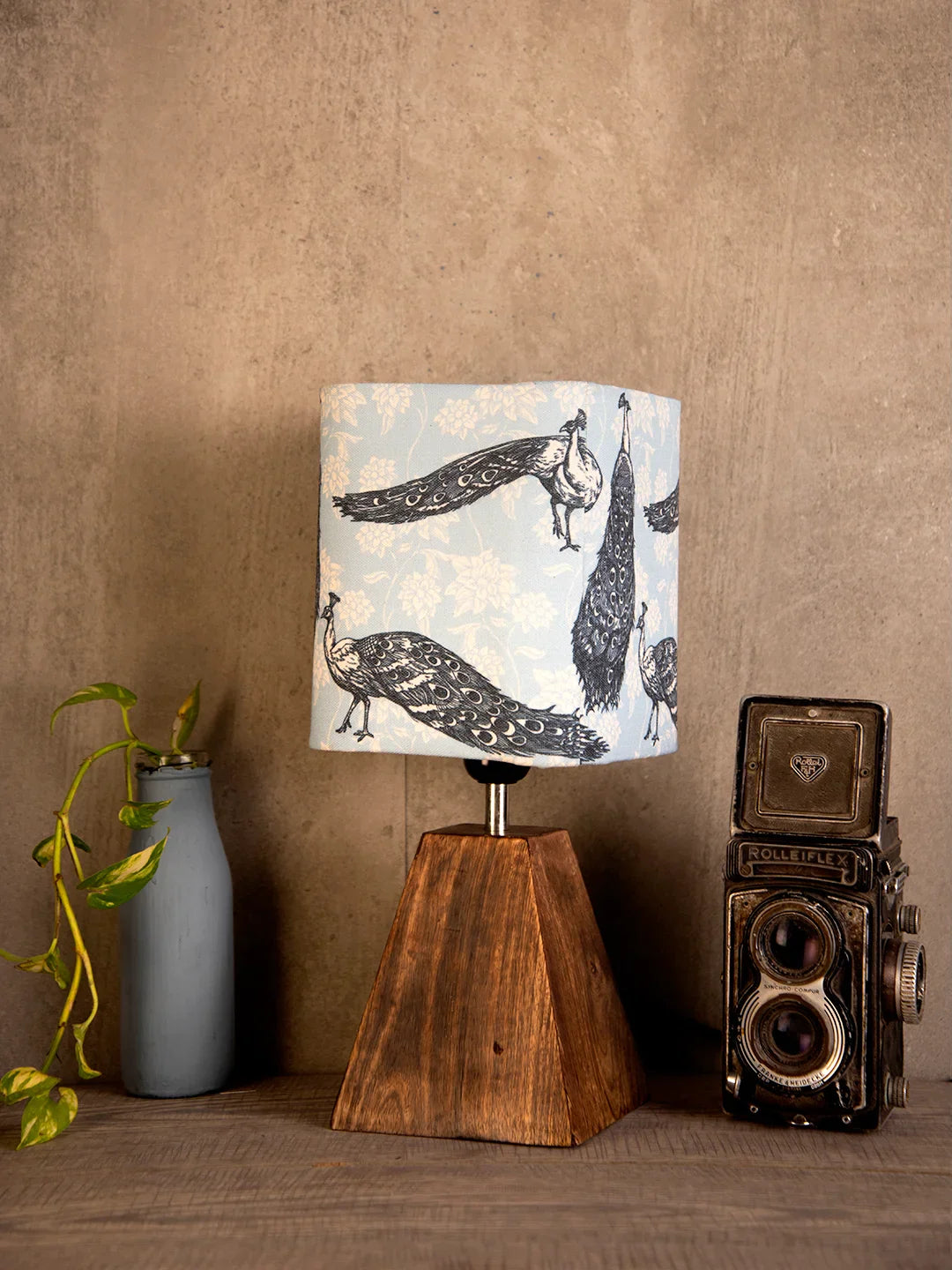 Wooden Pyramid Lamp with Wandering Peacock Lamp Shade