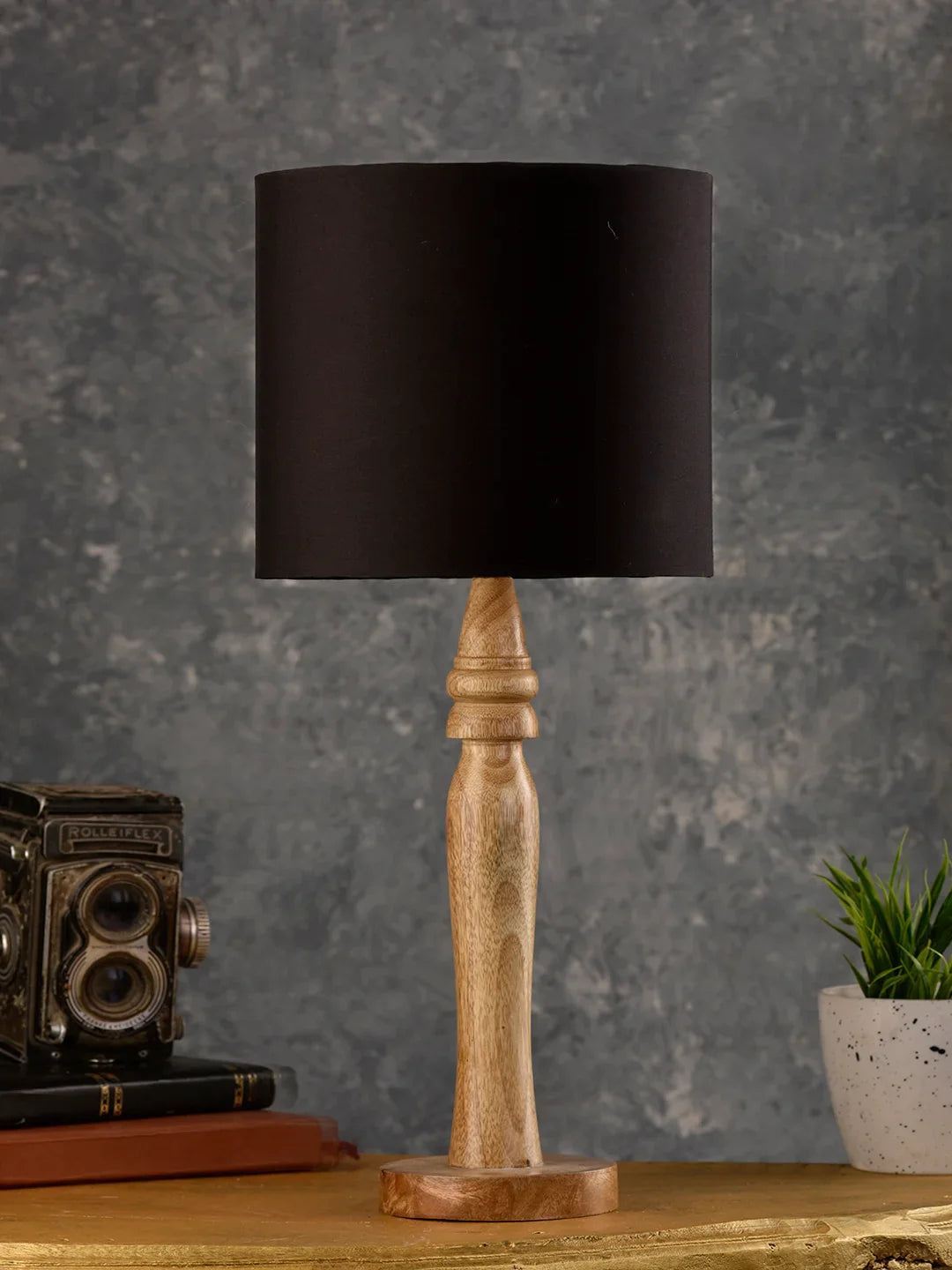 Green girgit Round Brown Lamp with Black Cotton Shade