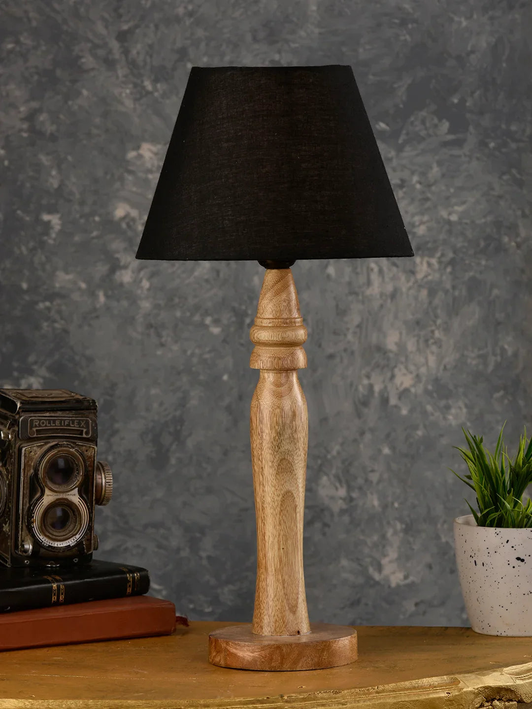 Green girgit Round Brown Lamp with Taper Black Cotton Shade
