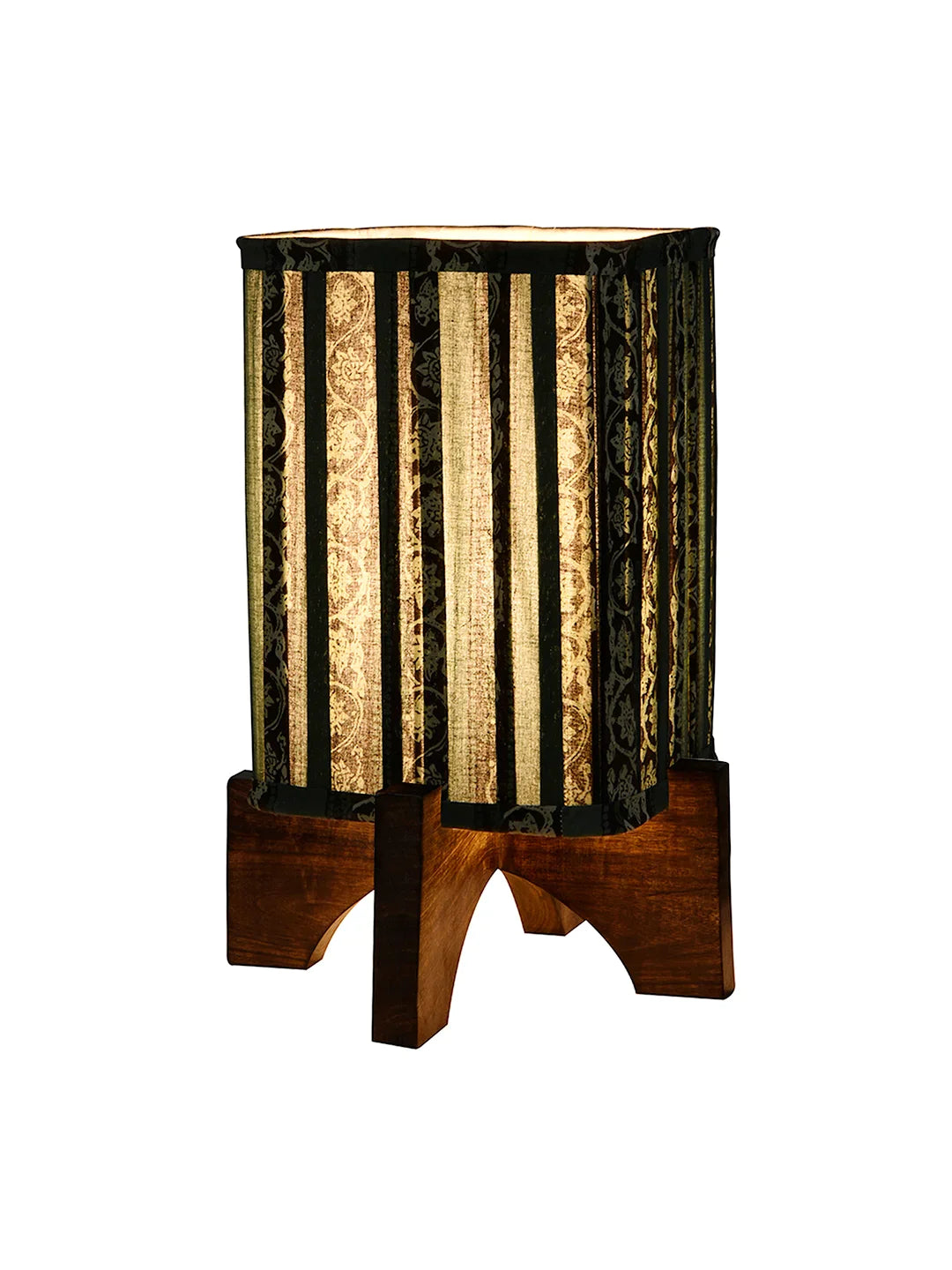 Wooden Brown Base Lamp with pleeted Green Blockprint Soft Shade