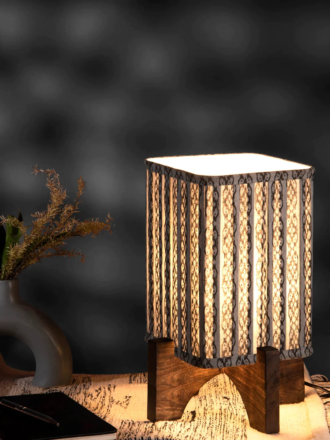 Wooden Brown Base Lamp with pleeted Grey Chainprint Soft Shade