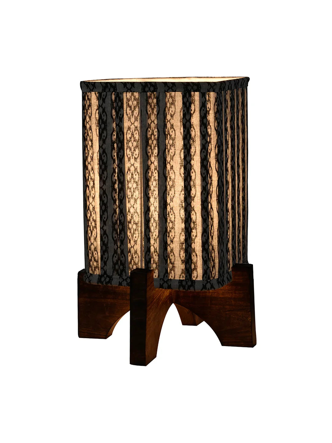 Wooden Brown Base Lamp with pleeted Grey Chainprint Soft Shade