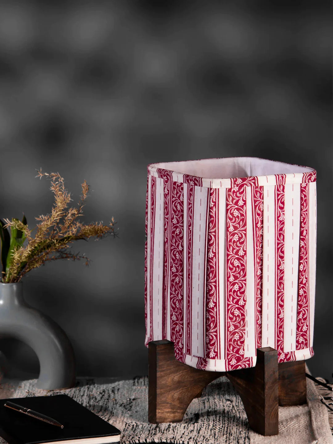 Wooden Brown Base Lamp with pleeted Red Leafyprint Soft Shade