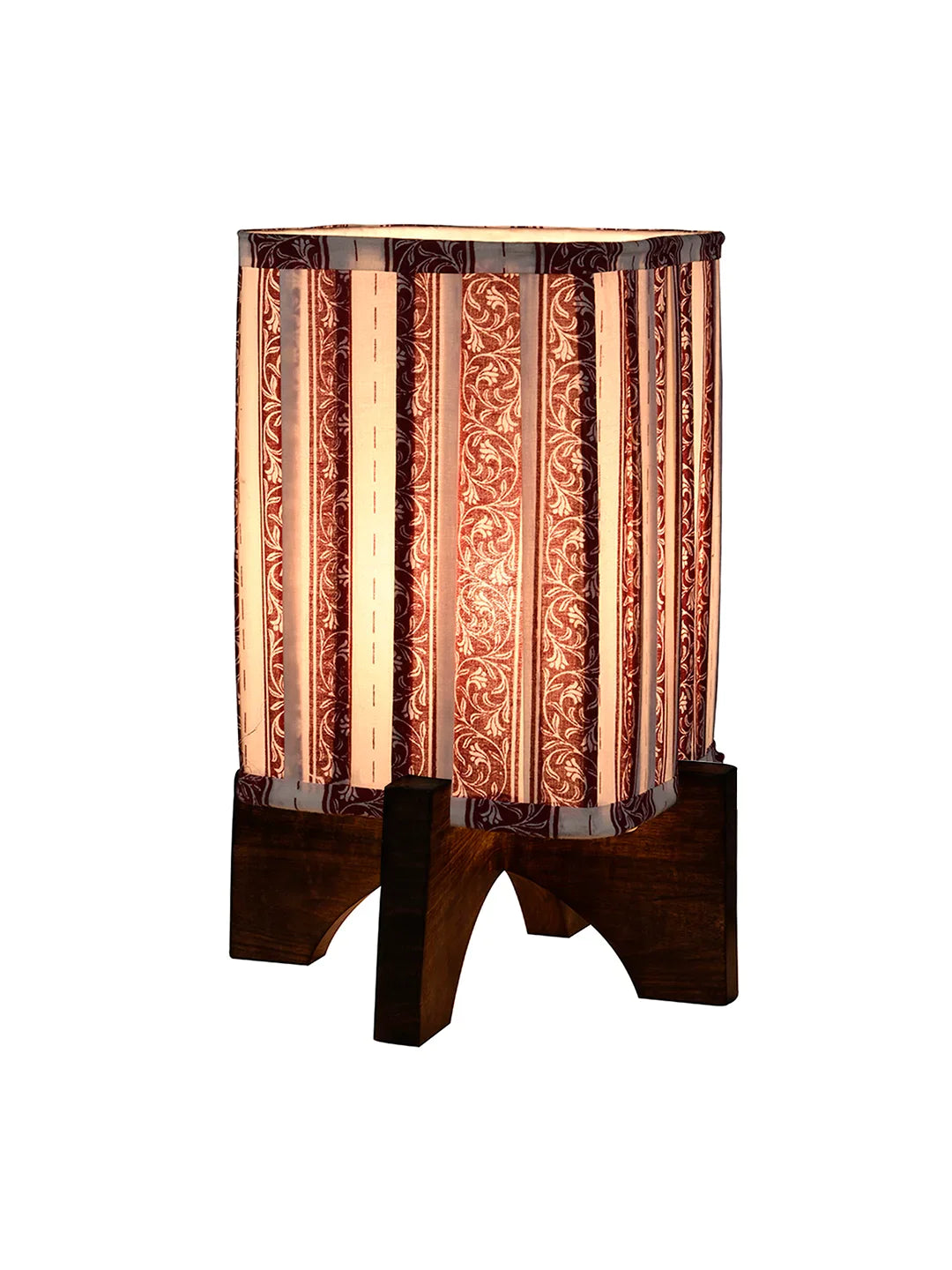 Wooden Brown Base Lamp with pleeted Red Leafyprint Soft Shade