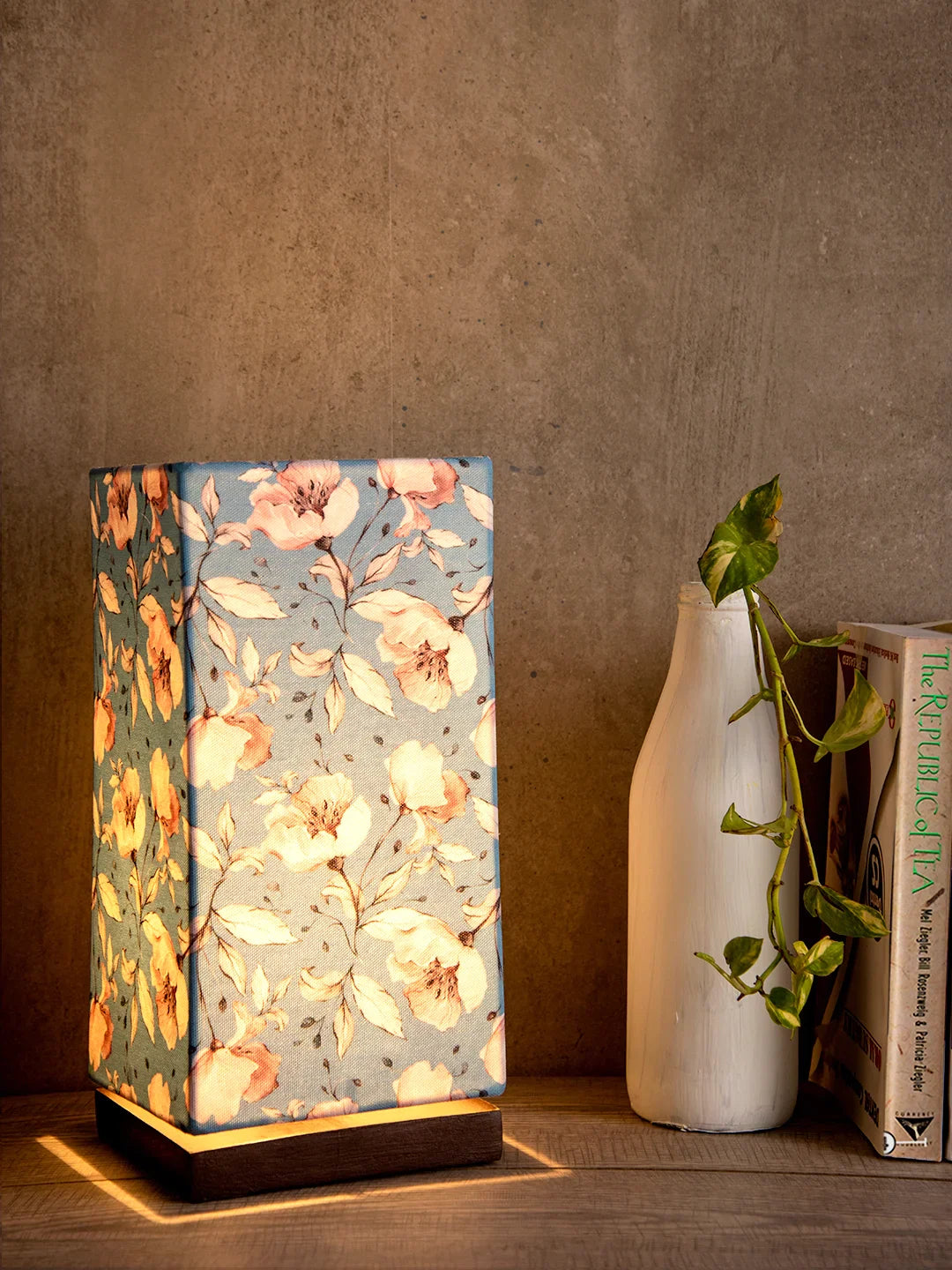 Turquoise Floral Lamp with Wooden Base