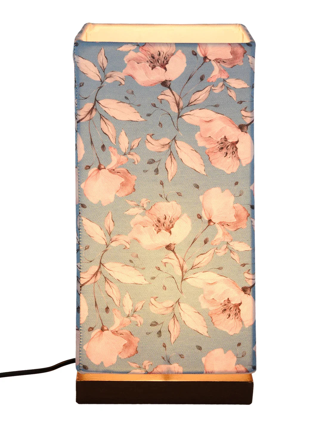 Turquoise Floral Lamp with Wooden Base