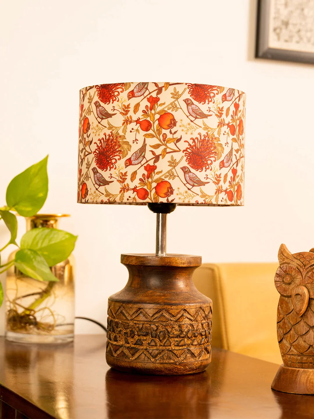 Wooden Carved Lamp with Birdy Multicolor Shade