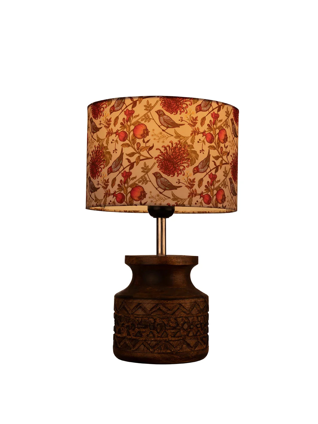 Wooden Carved Lamp with Birdy Multicolor Shade