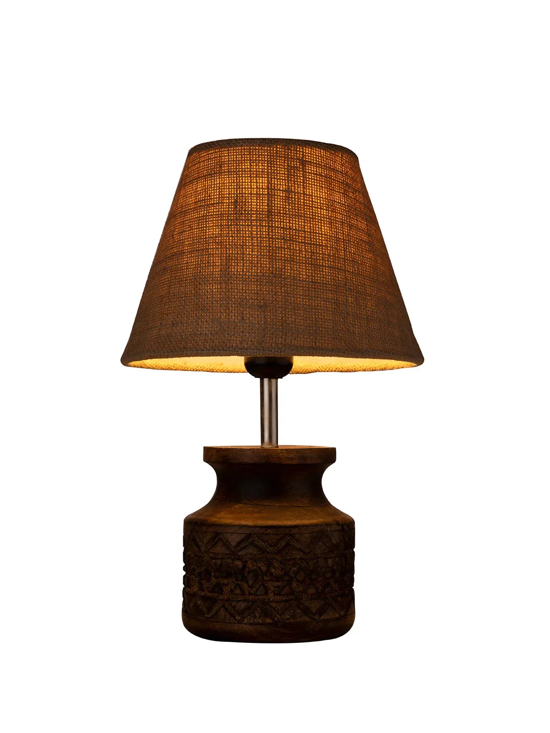 Wooden Carved Lamp with Taper Jute Brown Shade