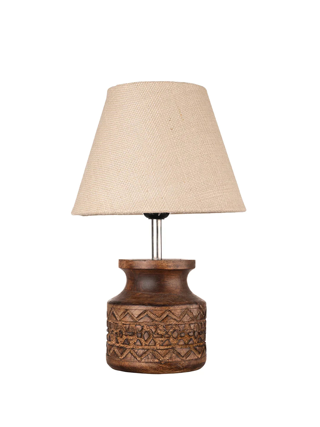 Wooden Carved Lamp with Taper Jute White Shade