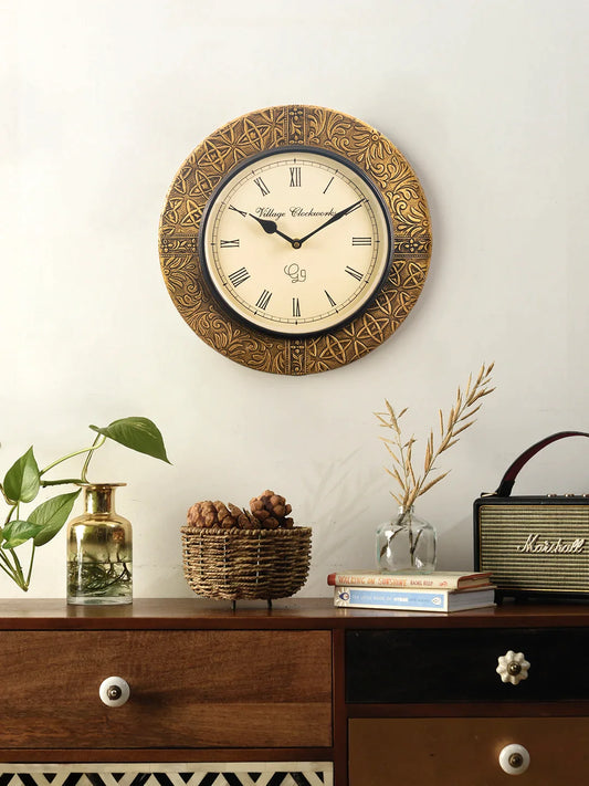 Metal Round Golden Design Embossed 12 Inches Analog Wall Clock