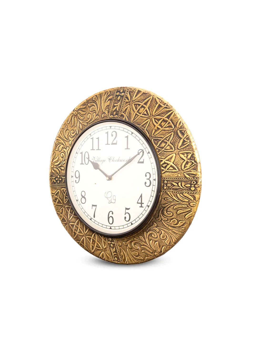 Metal Round Golden Design Embossed 12 Inches Analog Wall Clock