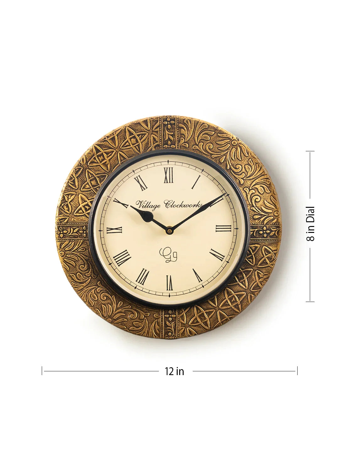 Metal Round Golden Design Embossed 12 Inches Analog Wall Clock