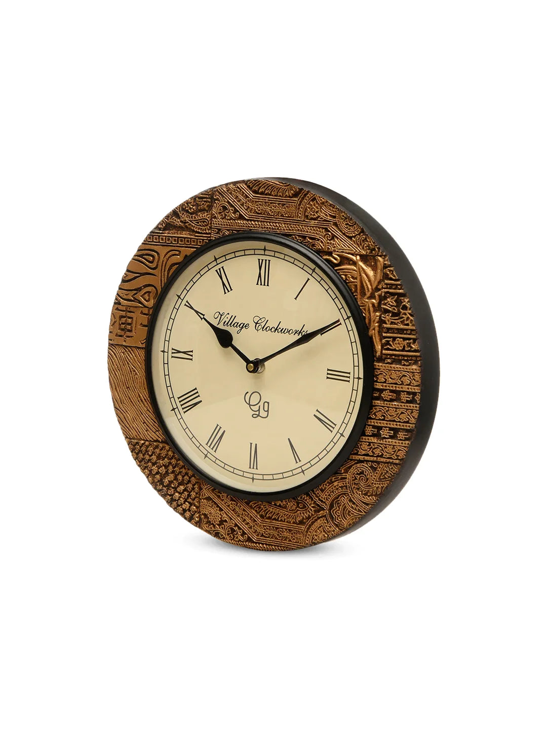 Round Wooden Block Golden 12 Inches Analog Wall Clock