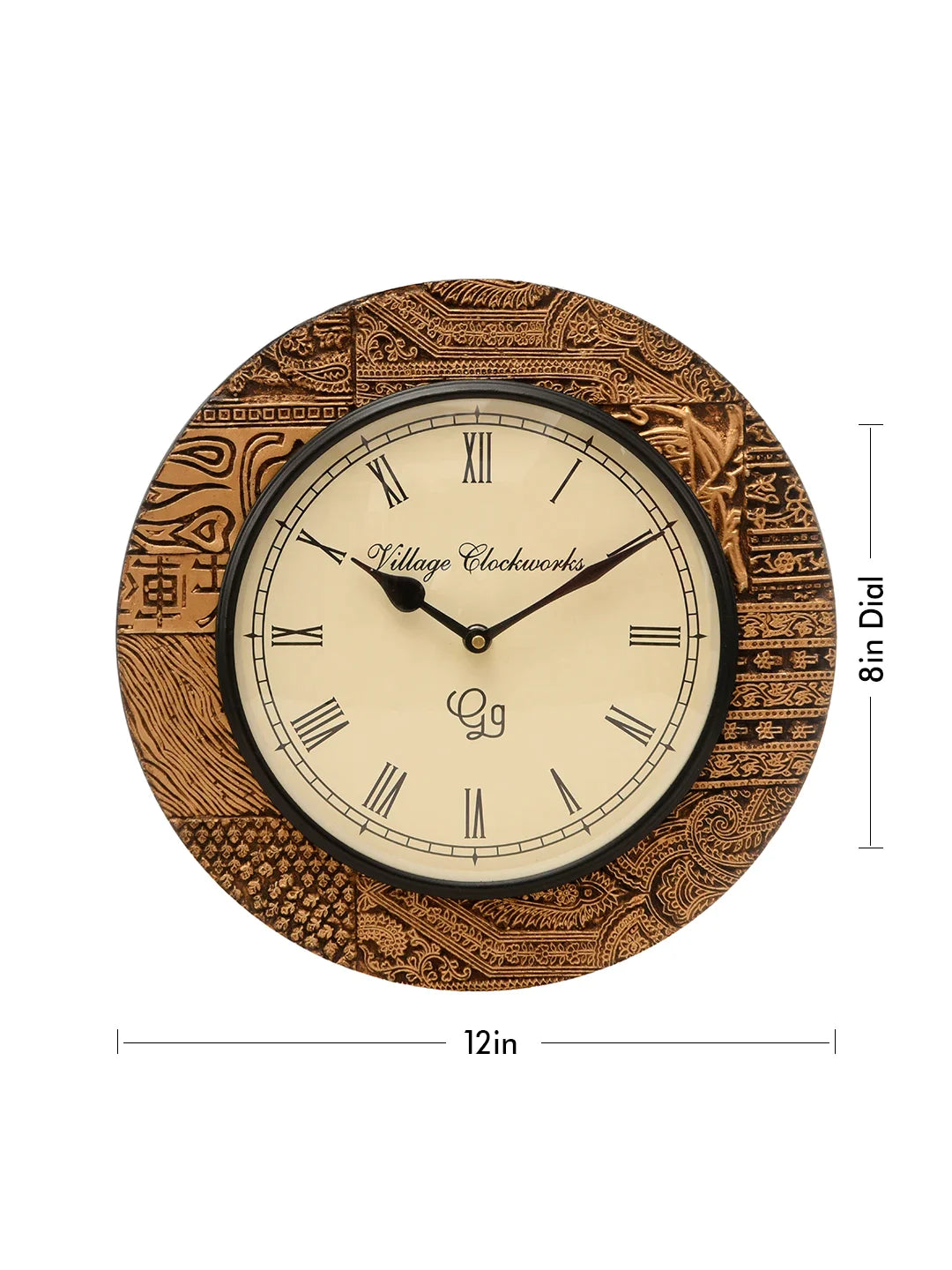 Round Wooden Block Golden 12 Inches Analog Wall Clock