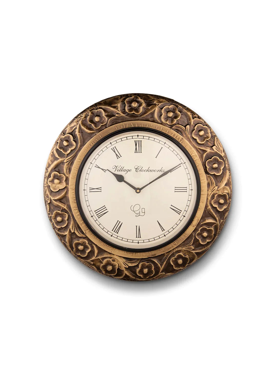Metal Round Flower Embossed Brass 16 Inches Analog Wall Clock