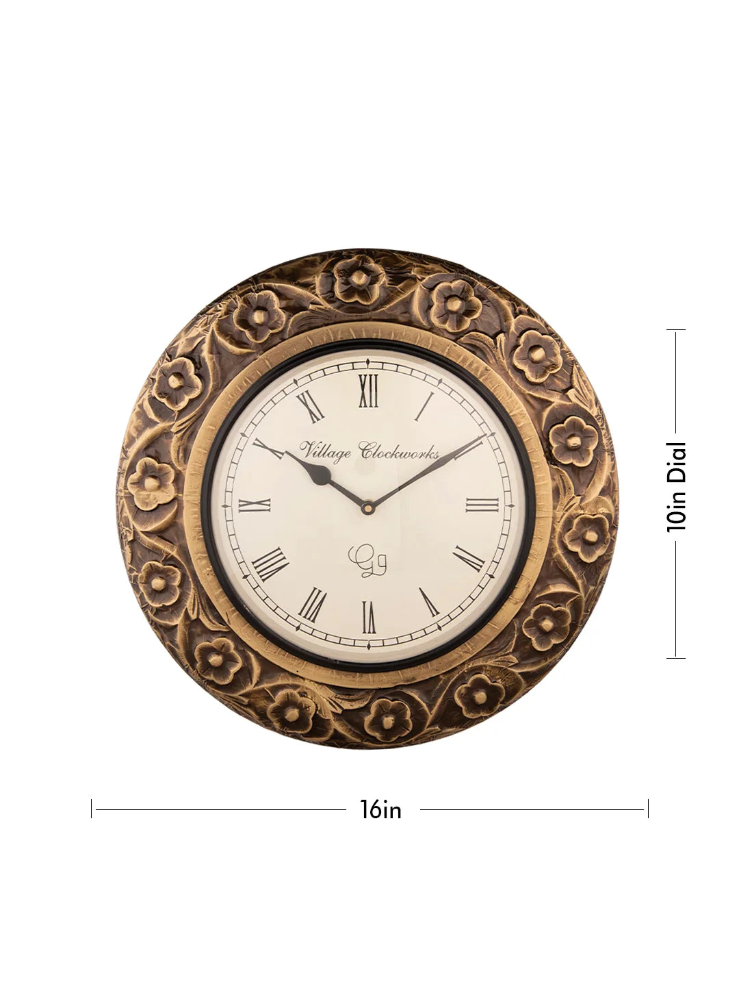 Metal Round Flower Embossed Brass 16 Inches Analog Wall Clock
