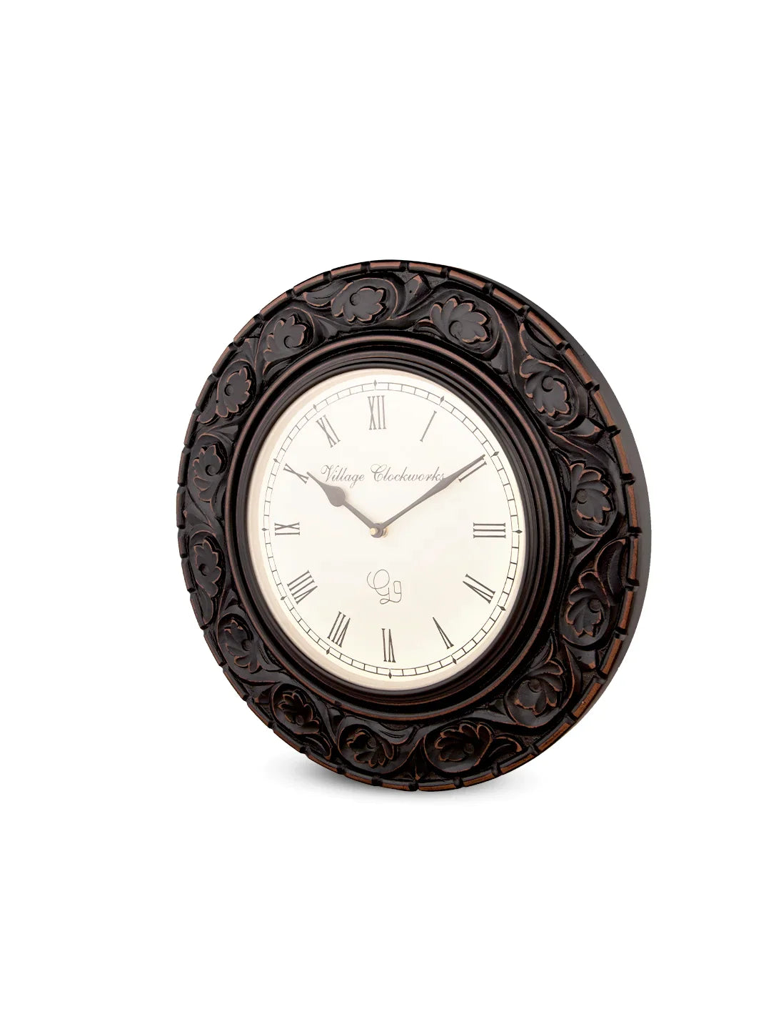 Round Wooden Flower Carved 16 Inches Analog Wall Clock