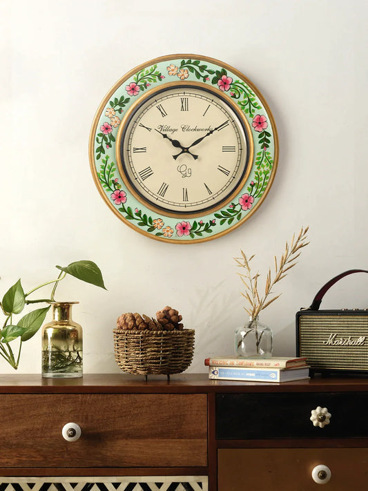 Wooden Round Green Handpainted 18 Inches Analog Wall clock