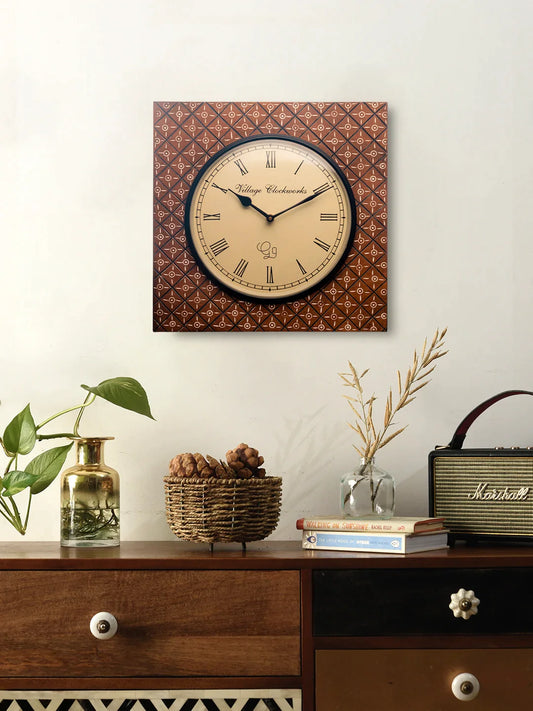 Wooden Square Brown Checkers Handpainted 16 Inches Analog Wall clock