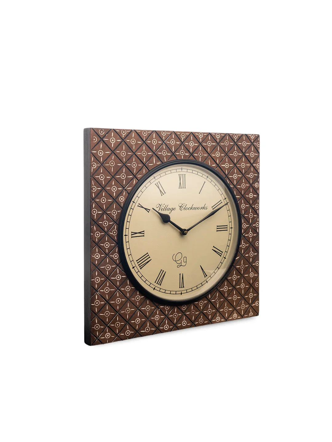 Wooden Square Brown Checkers Handpainted 16 Inches Analog Wall clock