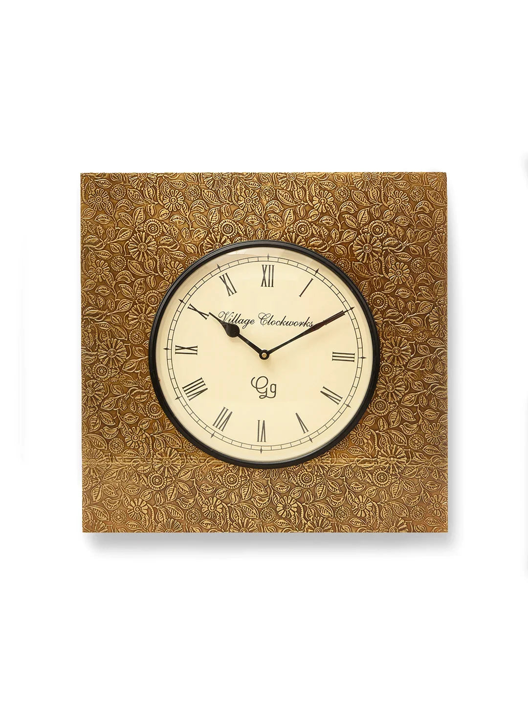 Square Embossed Brass 16 Inches Analog Wall Clock