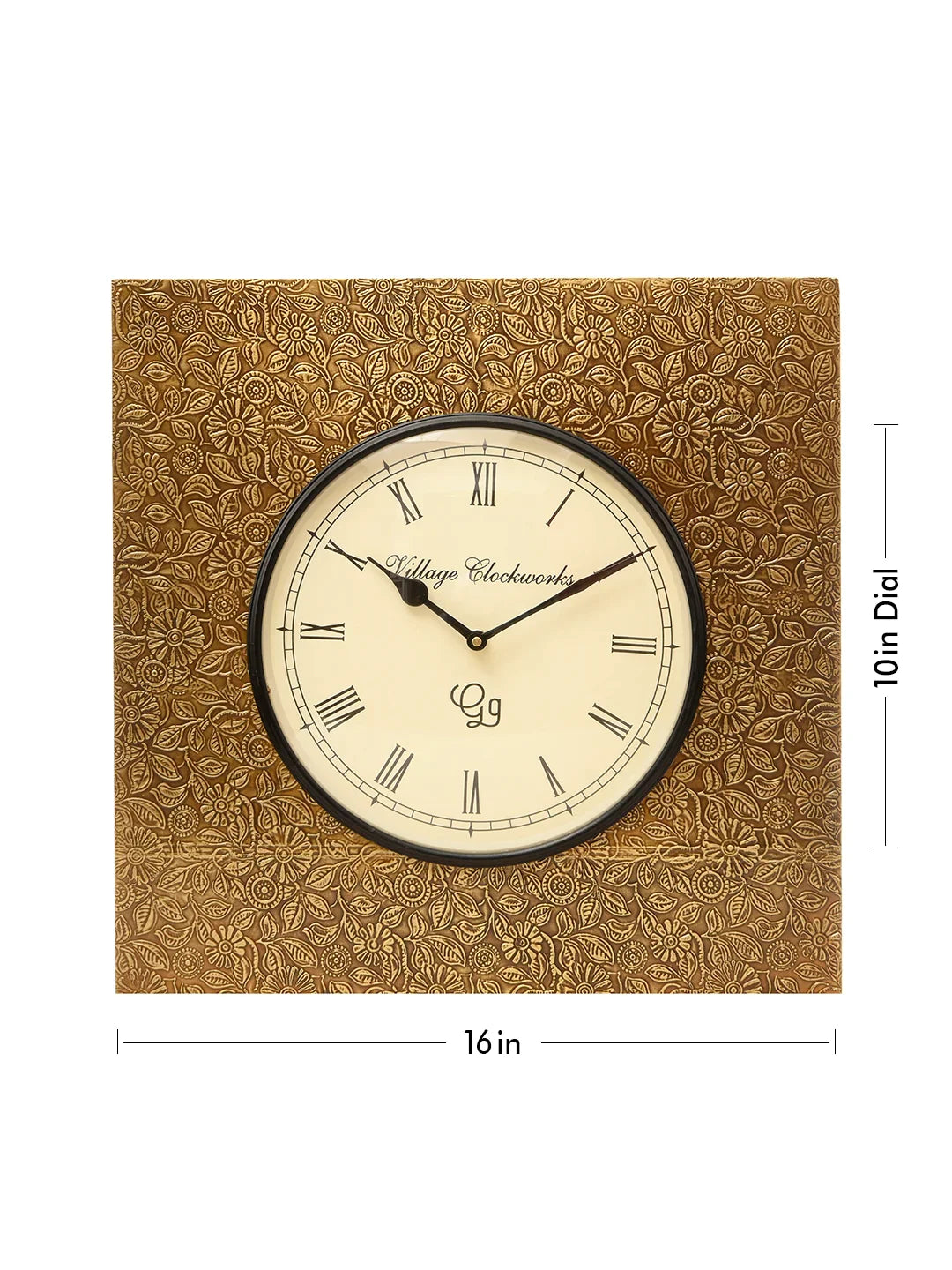 Square Embossed Brass 16 Inches Analog Wall Clock