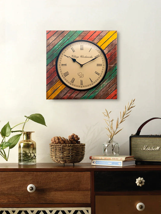 Wooden Square Rainbow Colors Handpainted 16 Inches Analog Wall clock