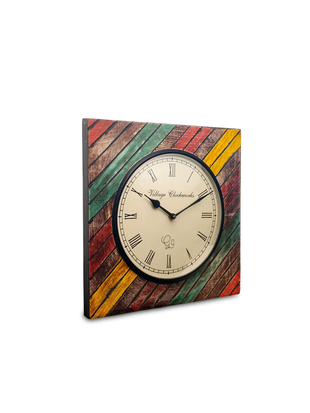 Wooden Square Rainbow Colors Handpainted 16 Inches Analog Wall clock