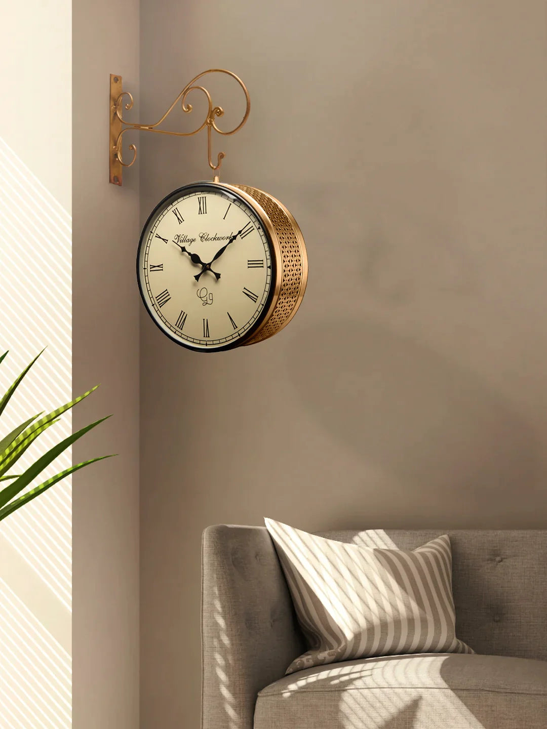 Double Sided Golden Jali Station Wall Clock 12 Inches