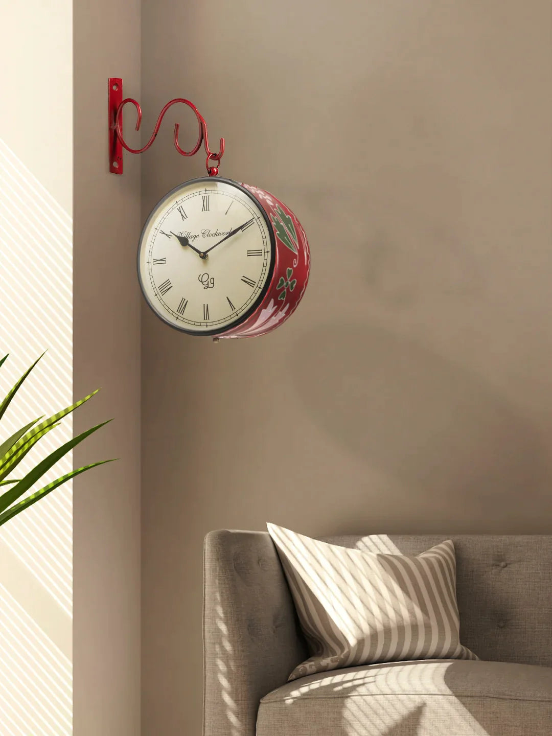 Metal Round Station Clock Handpainted Red 8 Inches Wall Clock