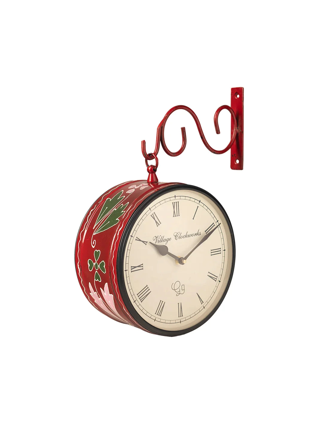 Metal Round Double Side Handpainted Red 8 Inches Analog Station Clock