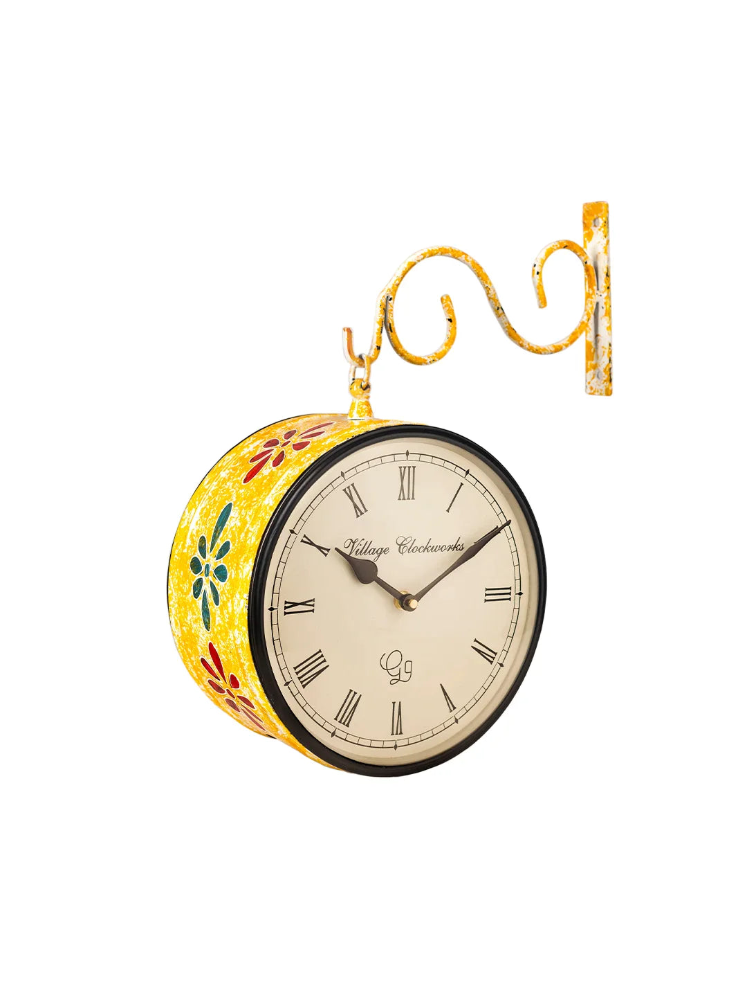 Metal Round Double Side Handpainted Yellow  8 Inches Analog Station Clock